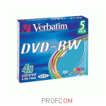  DVD-RW Verbatim 4.7Gb 4x, slim case, color, 5 . (43563)