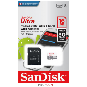   microSDHC UHS-I Class 10 16Gb SanDisk Ultra Android (SD adapter) (SDSQUNS-016G)